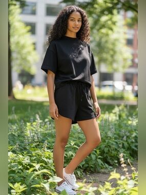 Everyday Black Lounge Tee & Drawstring Shorts Set